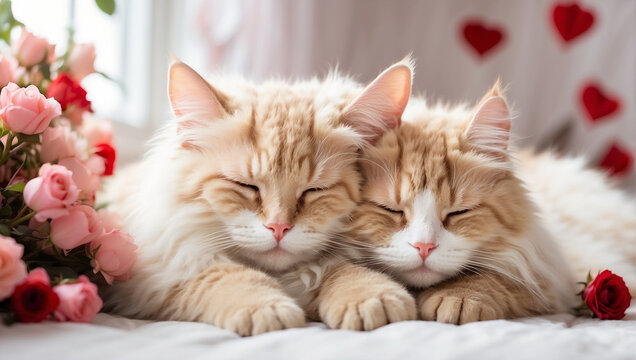 Lovely cat couple sleep together