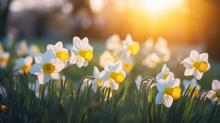 Daffodils in sunshine in springtime, easter flowers in green spring meadow on blurred bokeh background, blooming narcissus in sunlight - obrazy, fototapety, plakaty