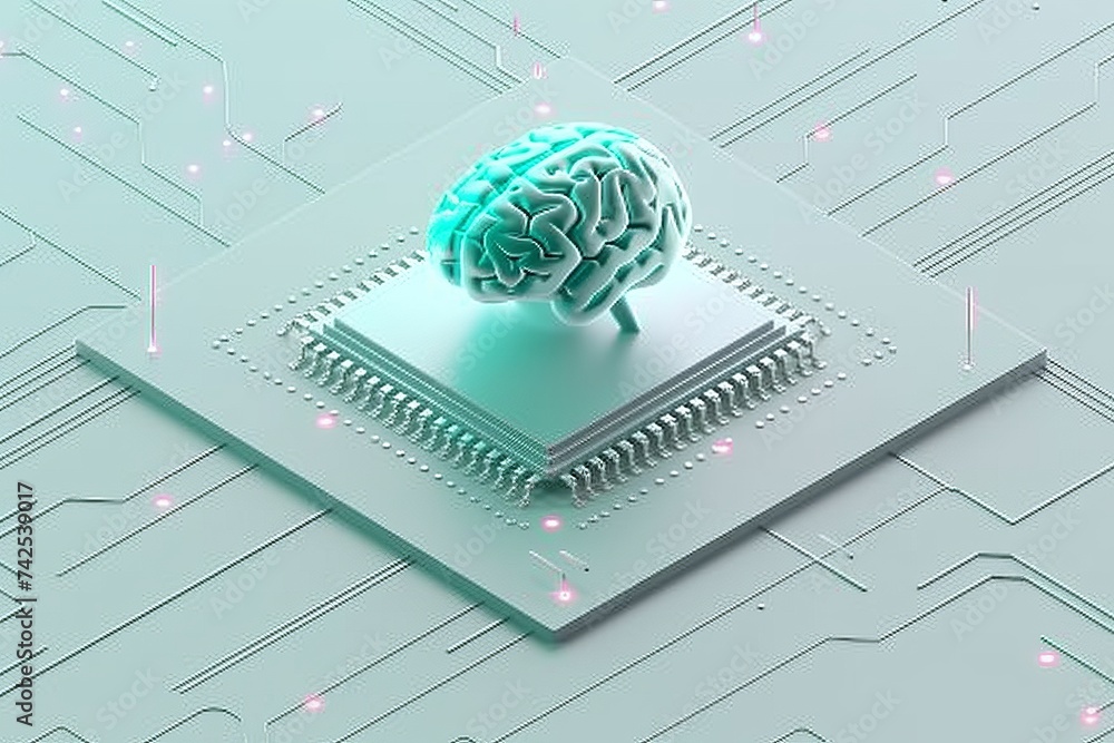 Poster ai brain chip mapping. artificial intelligence semiconductor human amygdala mind circuit board. neur
