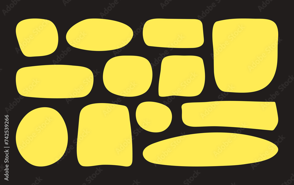 Poster hand drawn yellow textbox set. empty text box circles rectangles and squares isolated on black backg