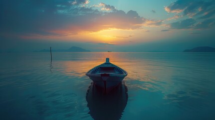 A rowing boat in the calm ocean at dawn - AI Generated Digital Art - obrazy, fototapety, plakaty