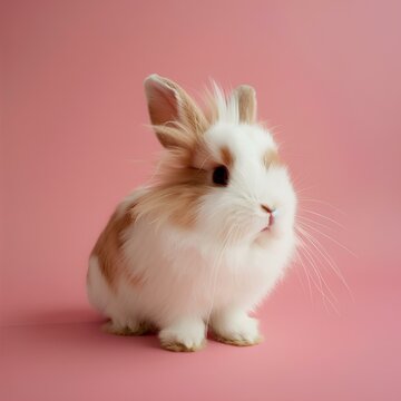 Cute white and brown bunny on pink background, lovely pet. Year of rabbit. Photo generated with AI