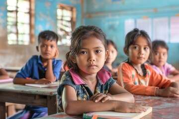 Group of children from various ethnic backgrounds learning in a poorly equipped classroom, showing the impact of social inequity on education