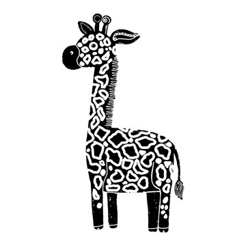 Giraffe. Black texture graphics linocut stamp. Vector element.