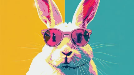Deurstickers Cool white rabbit in sunglasses on vibrant background. Abstract summer clip-art for creative design projects. © Ameer