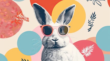 Cool white rabbit in sunglasses on vibrant background. Abstract summer clip-art for creative design projects. - obrazy, fototapety, plakaty