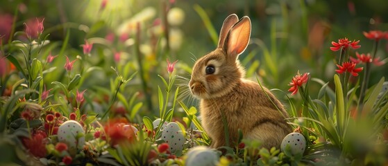 Fototapeta na wymiar Cute white rabbit surrounded by colorful Easter eggs and spring flowers in a sunny field