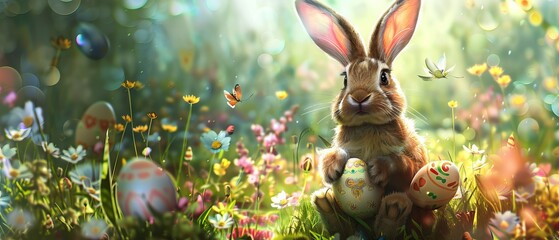 Cute white rabbit surrounded by colorful Easter eggs and spring flowers in a sunny field - obrazy, fototapety, plakaty