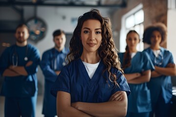 A nurse leading a team standing confidently in the foreground group. Concept Teamwork, Leadership, Confidence, Healthcare, Professionalism