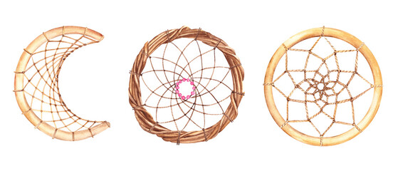 Set of dream catchers round and moon like frames. Rustic wreath twisted from dry branches and wooden ring and semi-ring or hoop with net of linen rope. Watercolor hand drawn illustration on white © Tatiana