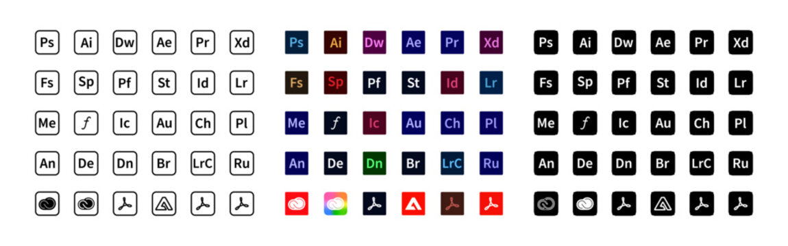 Adobe products. Logotype set of adobe apps: illustrator, photoshop, creative cloud, after effects, lightroom, premiere pro. Programs logos collection. Editorial vector illustration