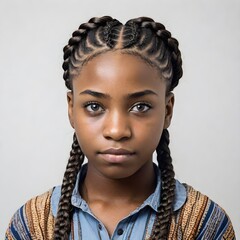 Studio Portrait Nigerian Girl 14 Years Old Braided Hair Cascading Over Shoulders