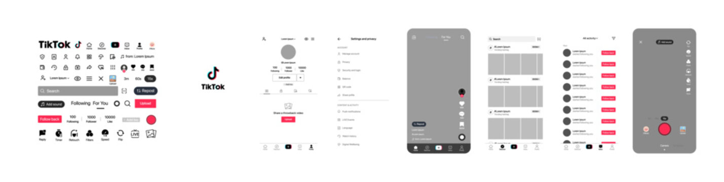 Tik Tok design. Set Tik Tok screen social media and social network interface template. Homepage, recommendations, subscriptions. Tik Tok photo frame. Stories, liked, stream. Editorial illustration