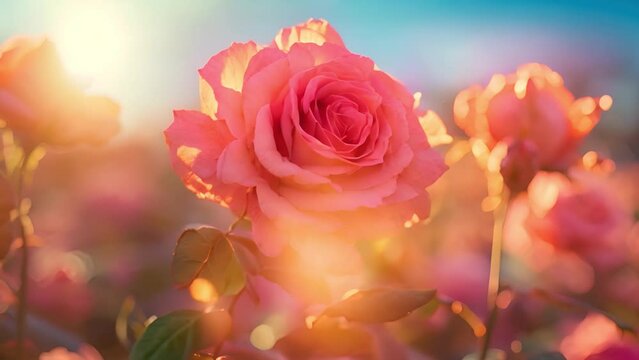 Pink roses in blue sky with sunlight soft blurred effect, Backdrop pink roses,Flowers wall background,Wedding decoration 4k video. Beautiful rose field copy space