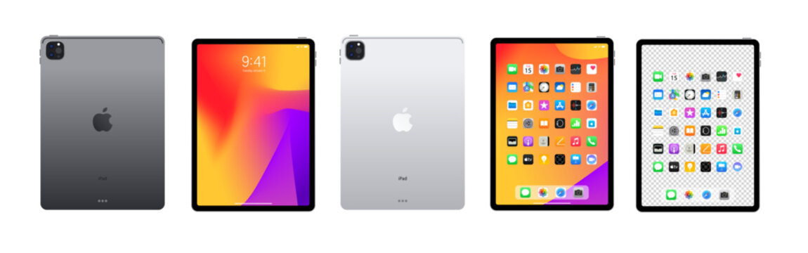 Apple iPad. Ipad Mini, Air, Pro 2021. Screen ipad front, back side ipa Collection of realistic tablets. device mockup, macos, IOS, black and white color. Electronics industry concept. Editorial vector