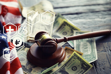 Judge gavel On Dollar Cash. Corruption, Bankruptcy Court, Crime, Bribing, Fraud, Auction Bidding...