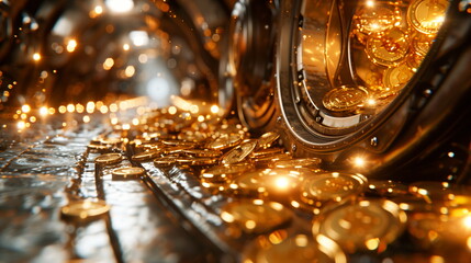 Golden Bitcoins spilling from a futuristic tunnel, symbolizing the flow of digital wealth
