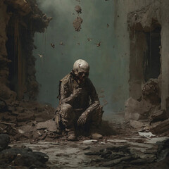 Fiktives Elend bildhaft dargestellt - Mann mit Totenkopf sitzt am Boden
