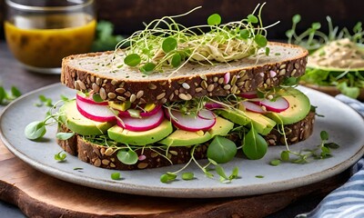 Sandwich with avocado, onion and herbs