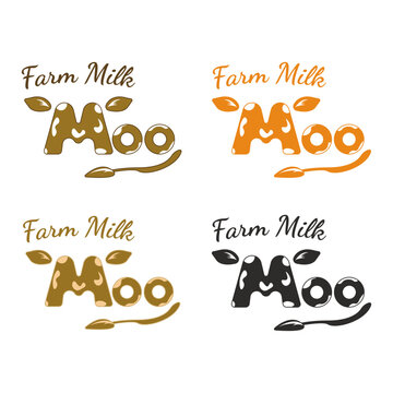 Logotype for fresh cow farm milk. Set of four different colors. Vector illustration for bio, natural, organic, healthy product. Isolated on white.