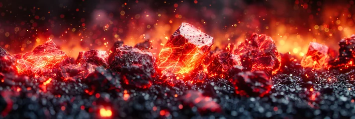 Fotobehang Intense heat from glowing coals and flames, capturing the fiery energy and danger of fire in a dark, abstract background © Jahid