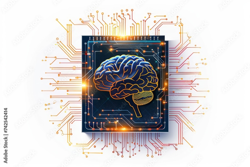 Poster ai brain chip cortex. artificial intelligence output mind data processing tool axon. semiconductor f