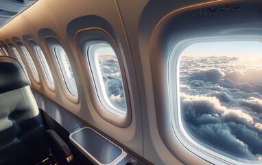A passenger jets modern comfortable interior emphasizing space and light with a view of the clouds through the window