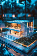 A sleek presentation of a wireframe house by a real estate agent culminating in a futuristic holographic contract agreement - obrazy, fototapety, plakaty