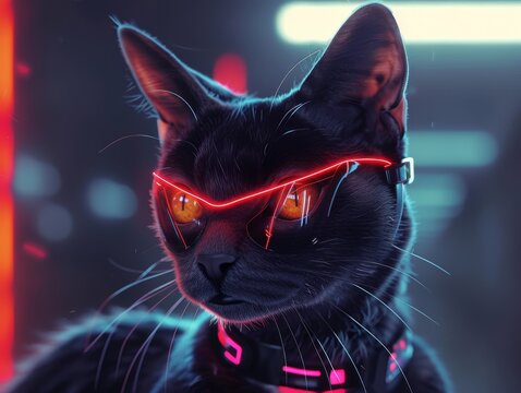 A sleek black cat with neon glowing eyes channeling a futuristic superhero vibe