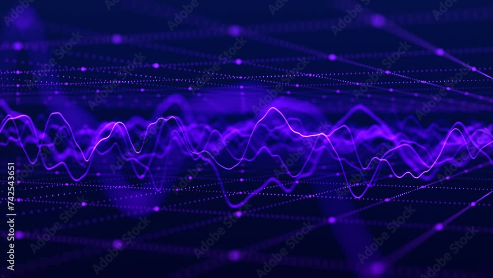 Poster wave of particles. futuristic pattern of dots and lines on a dark background. visualization of sound