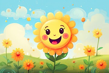 cute smiling yellow flower childish illustration