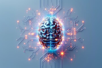 AI Brain Chip neon. Artificial Intelligence fit human cmos mind circuit board. Neuronal network memory hierarchy smart computer processor levels of processing model