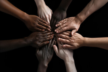Group of diverse hands joining together, view from above
