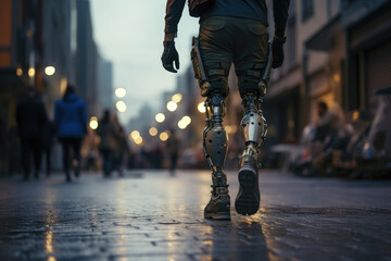 A man walks along a city street with a bionic prosthetic leg. Development of prosthetic technologies. Health of disabled people. The ability to walk like healthy people - obrazy, fototapety, plakaty