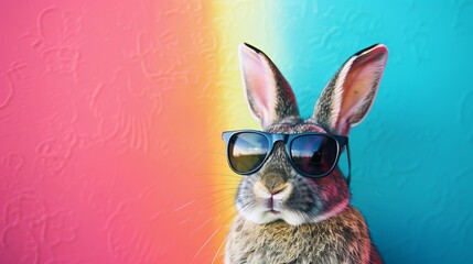 Fototapeta na wymiar Cool and funny rabbit wearing stylish shades against a vibrant backdrop of rainbow colors, Easter bunny concept