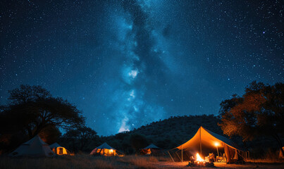 Camping under the Serengeti Stars: Capture the Magic of a Starry Night Sky Blanketing the Campsite, Where Adventure and Nature Unite in Perfect Harmony. - obrazy, fototapety, plakaty