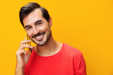 Space man communication portrait mobile yellow smartphone phone cyberspace happy phone copy smiling