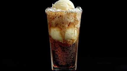 A delightful photo of a root beer float, with a scoop of vanilla ice cream floating in a glass of bubbly root beer