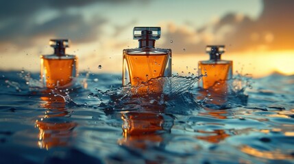 Ads featuring elegant perfume glass bottles displayed on the surface of water - obrazy, fototapety, plakaty