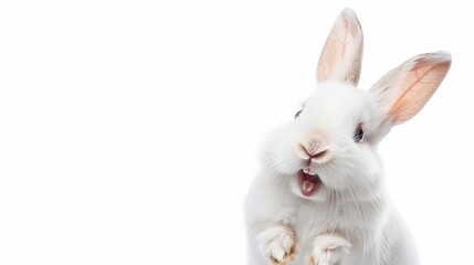 Obraz premium Cute white bunny with a happy expression on a plain background, ideal for Easter greetings and decorations