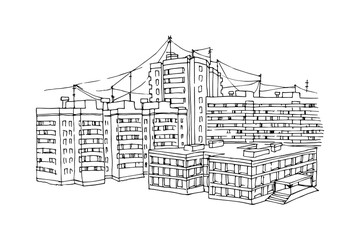 The school is in the courtyard of a residential area. Panel houses from the 70s. Vector illustration in black ink, isolated on a white background in a doodle and hand drawn style.