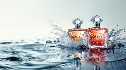 Ads featuring elegant perfume glass bottles displayed on the surface of water - obrazy, fototapety, plakaty
