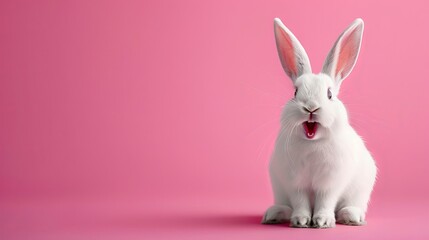 Cute white bunny with a happy expression on a plain background, ideal for Easter greetings and decorations