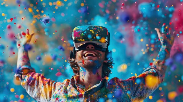 A young man is wearing virtual reality glasses and dancing amidst colorful splashes of paint