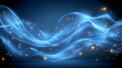 Fototapeta na wymiar Ethereal blue waves with sparkling particles on a navy background, depicting motion and energy