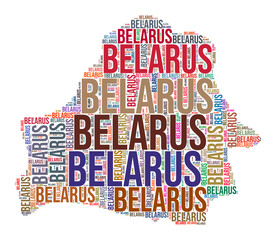 Belarus country shape word cloud. Typography style country illustration. Belarus image in text cloud style. Vector illustration.