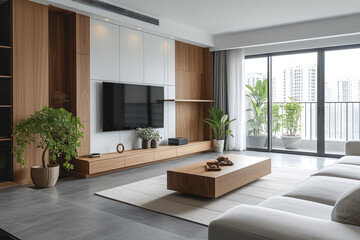 Focused on a modern entertainment system setup, this living room combines technology with natural wood elements and soft decor