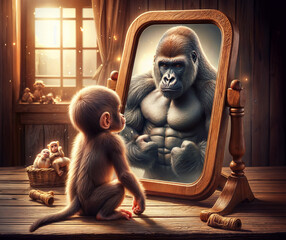 Little monkey looking at the mirror but he's watching the reflection of a strong gorilla. Digital art. - obrazy, fototapety, plakaty