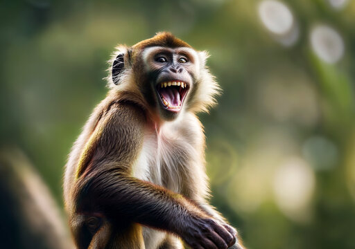 Mischievous monkey laughs in a natural environement as he spots something funny. Digital art.