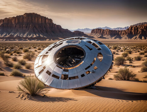 Unknown flying saucer being found in the desert after crashing. Digital art.